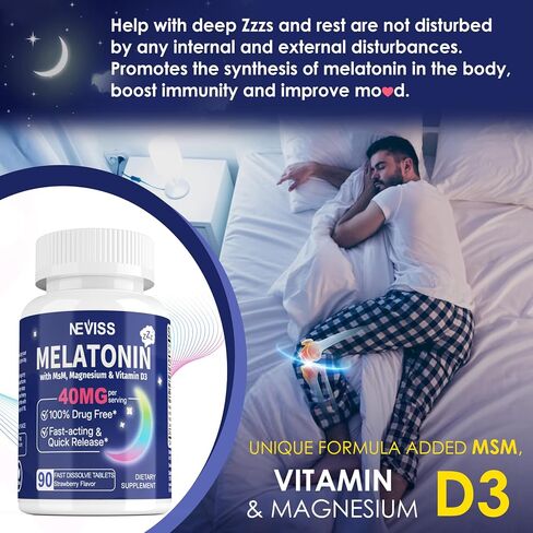 Sugar Free Melatonin 40 mg for Adults,180 Serving Fast Dissolve Sublingual Tablets, Extra Strength Melatonin with Vitamin D3,MSM & Selenium for Relaxation,Restful Deep Zzzs,Health Rest Cycle,Non Habit in Saudi Arabia