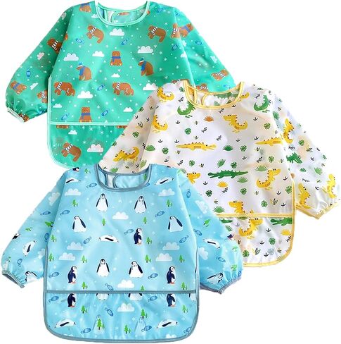PandaEar 3 Pack Long Sleeve Bibs, Waterproof Smock Baby Bibs for Eating, Reusable Bibs for Baby Infant Toddler 6-36 Months(Bears/Penguins/Dinosaurs) in Saudi Arabia