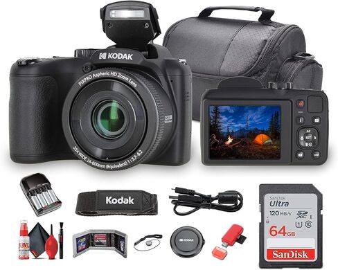 Kodak Pixpro AZ255 Digital Camera (AZ255BK) Bundle Including: 64 GB Memory Card, Rechargeable Batteries, Case, Neck Strap, Lens Caps, Full Cleaning Kit, Card Reader, Card Wallet, USB Cable, Cap Keeper in Saudi Arabia