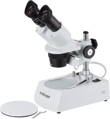 AmScope SE305R-P20 Forward-Mounted Binocular Stereo Microscope, WF20x Eyepieces, 20X and 60X Magnification, 1X and 3X Objectives, Upper and Lower Halogen Lighting, Reversible Black/White Stage Plate, Pillar Stand, 120V in Saudi Arabia