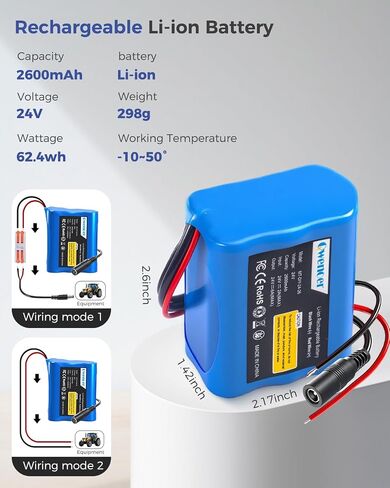24V 2.6AH بطارية الليثيوم ، بطارية LI-ION القابلة لإعادة الشحن 24V مع شاحن ، سلك العاري ، موصل الكابلات للأطفال ركوب السيارات ، مشروع DIY ، سيارة RC ، روبوت ، ألواح شمسية ، شريط ضوء LED ، كاميرا CCTV in Kuwait
