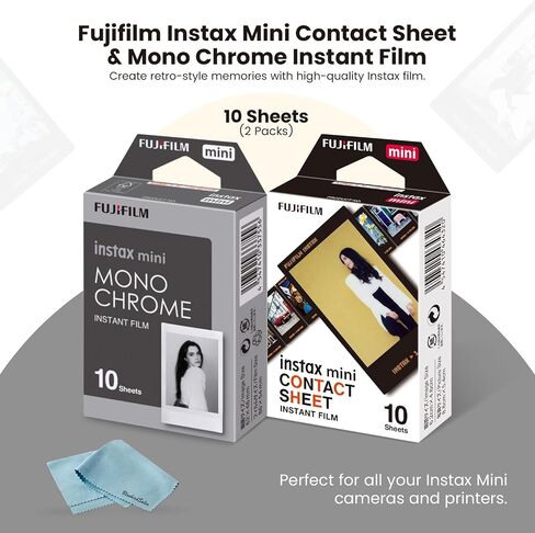 Fujifilm Instax Mini Film Combo - ورقة اتصال (10 طلقات) + أحادية اللون (10 طلقات) + قطعة قماش تنظيف الألياف الدقيقة - فيلم فوري للكاميرات المصغرة in Saudi Arabia