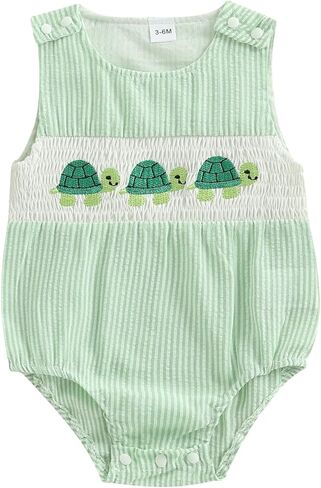 GOOCHEER Newborn Baby Boy Summer Outfit Octopus/Turtle Smocked Bubble Romper Striped Overall Sleeveless Bodysuit Clothes in Saudi Arabia
