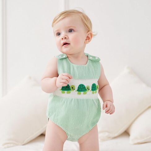 GOOCHEER Newborn Baby Boy Summer Outfit Octopus/Turtle Smocked Bubble Romper Striped Overall Sleeveless Bodysuit Clothes in Saudi Arabia