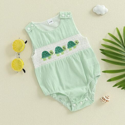 GOOCHEER Newborn Baby Boy Summer Outfit Octopus/Turtle Smocked Bubble Romper Striped Overall Sleeveless Bodysuit Clothes in Saudi Arabia