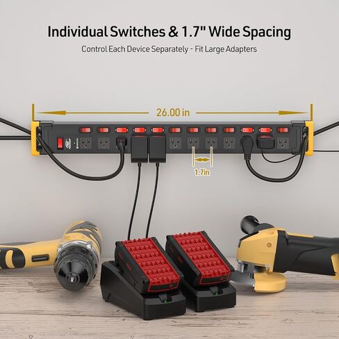 CRST 12 Outlets Heavy Duty Power Strip Surge Protector with Individual Switches, Metal Mountable Power Strip with Cord Manager, 9FT, 1020J, 15A/1875W (Black+Yellow) for Garage, Workshop, Shop, Home in Saudi Arabia
