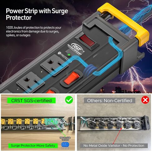 CRST 12 Outlets Heavy Duty Power Strip Surge Protector with Individual Switches, Metal Mountable Power Strip with Cord Manager, 9FT, 1020J, 15A/1875W (Black+Yellow) for Garage, Workshop, Shop, Home in Saudi Arabia