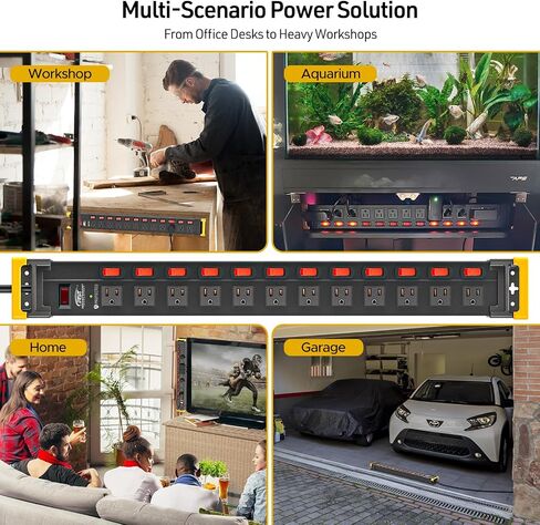 CRST 12 Outlets Heavy Duty Power Strip Surge Protector with Individual Switches, Metal Mountable Power Strip with Cord Manager, 9FT, 1020J, 15A/1875W (Black+Yellow) for Garage, Workshop, Shop, Home in Saudi Arabia