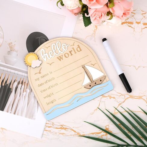 Baby Announcement Sign, Sailing Wooden Hello World Newborn Signs with Pen Cute Welcome Baby Name Board for Girls Boys Nursery Gift Decor Photo Props in Saudi Arabia