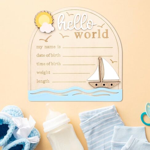 Baby Announcement Sign, Sailing Wooden Hello World Newborn Signs with Pen Cute Welcome Baby Name Board for Girls Boys Nursery Gift Decor Photo Props in Saudi Arabia