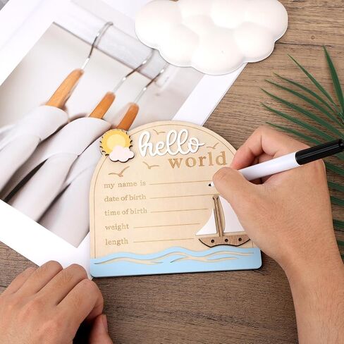 Baby Announcement Sign, Sailing Wooden Hello World Newborn Signs with Pen Cute Welcome Baby Name Board for Girls Boys Nursery Gift Decor Photo Props in Saudi Arabia