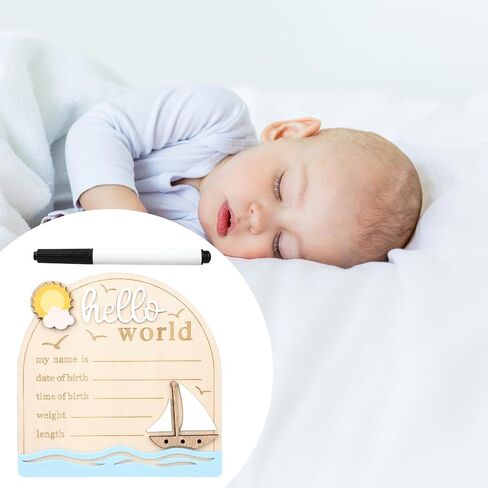 Baby Announcement Sign, Sailing Wooden Hello World Newborn Signs with Pen Cute Welcome Baby Name Board for Girls Boys Nursery Gift Decor Photo Props in Saudi Arabia