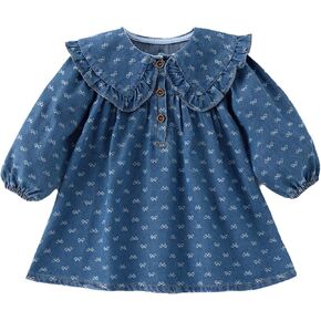 فستان جينز فتيات الخريف في فصل الربيع - الأكمام الطويلة ، طية طية كبيرة ، طباعة القوس - ملابس عائلية مطابقة in Kuwait