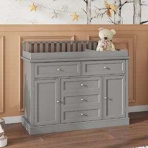Nursery Dresser with Changing Table Top, 46" W Baby Dresser with 2 Drawers, Laundry Basket & Raised Guard, Infant Diaper Changing Storage Organize Station for Nursery and Baby Bedroom, White in Saudi Arabia
