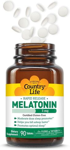 Country Life Melatonin Fast Dissolve Tablets, 3mg, 90-Count, Promotes Optimal Sleep, Rapid Release Delivery System, Lower Dose Sleep Promoter, Non-GMO, Gluten-Free in Kuwait