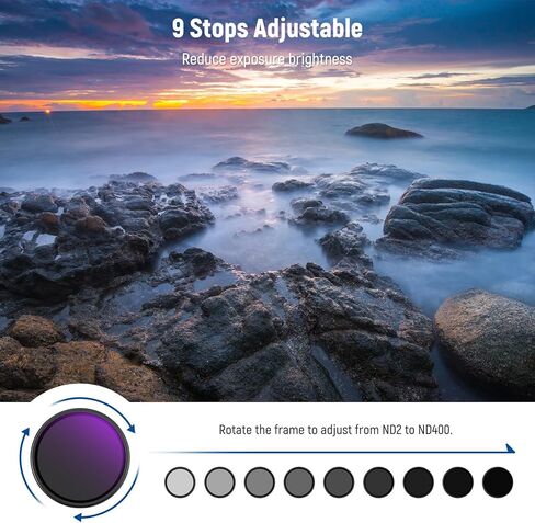 Neewer 82mm متغير ND Filter ND2-400 (1-9 توقف) مع قطعة قماش تنظيف 3x ، ومرشح عدسة الكاميرا الكثافة المتغير القابل للتعديل مع الزجاج البصري متعدد الأدوات لتوازن التعرض in Kuwait