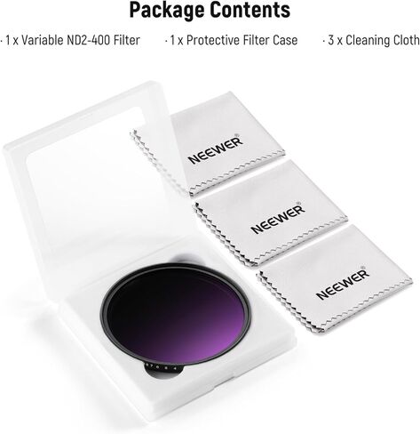 Neewer 82mm متغير ND Filter ND2-400 (1-9 توقف) مع قطعة قماش تنظيف 3x ، ومرشح عدسة الكاميرا الكثافة المتغير القابل للتعديل مع الزجاج البصري متعدد الأدوات لتوازن التعرض in Kuwait
