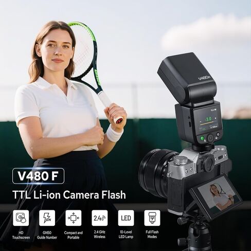 Godox V480F V480 TTL Flash Speedlite for Fuji, GN50 2.4G 1/8000S HSS Flash Speedlite Touchscreen, 650 Full Power Flashes, 1.7s Recycle Time, LED Model Lamp in Saudi Arabia