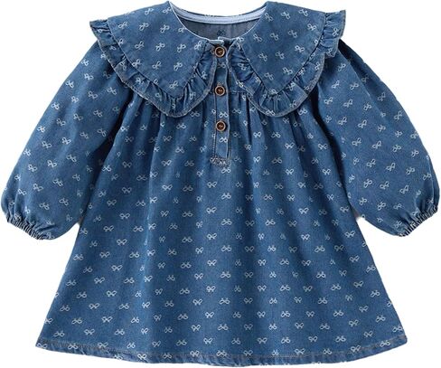 Spring Autumn Girls Denim Dress - Long Sleeve, Large Lapel, Bow Print - Family Matching Outfit in Kuwait