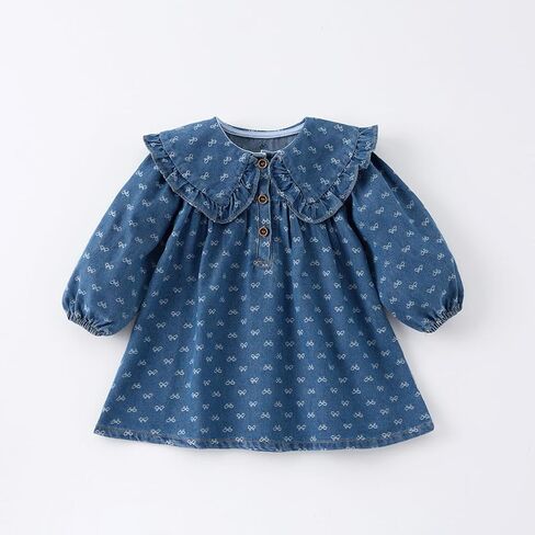 Spring Autumn Girls Denim Dress - Long Sleeve, Large Lapel, Bow Print - Family Matching Outfit in Kuwait