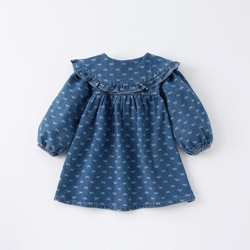 Spring Autumn Girls Denim Dress - Long Sleeve, Large Lapel, Bow Print - Family Matching Outfit in Kuwait