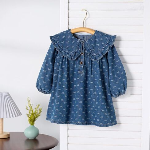 Spring Autumn Girls Denim Dress - Long Sleeve, Large Lapel, Bow Print - Family Matching Outfit in Kuwait