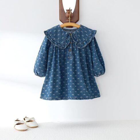 Spring Autumn Girls Denim Dress - Long Sleeve, Large Lapel, Bow Print - Family Matching Outfit in Kuwait