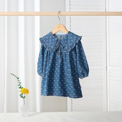 Spring Autumn Girls Denim Dress - Long Sleeve, Large Lapel, Bow Print - Family Matching Outfit in Kuwait