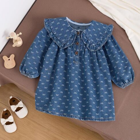 Spring Autumn Girls Denim Dress - Long Sleeve, Large Lapel, Bow Print - Family Matching Outfit in Kuwait
