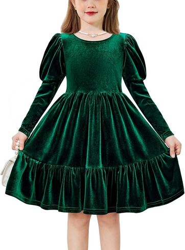 Arshiner Toddler Velvet Dress Girls Puff Long Sleeves Crew Neck Party Fall Winter Ruffle Dresses with Pockets 2-8Y in Saudi Arabia