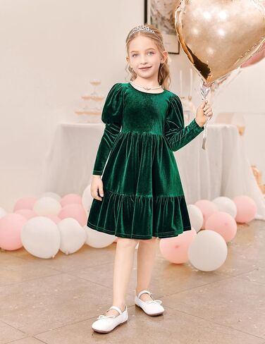 Arshiner Toddler Velvet Dress Girls Puff Long Sleeves Crew Neck Party Fall Winter Ruffle Dresses with Pockets 2-8Y in Saudi Arabia