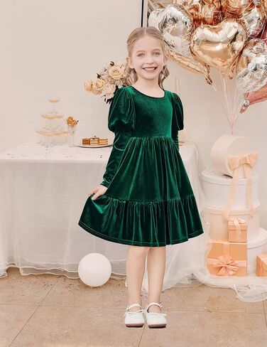 Arshiner Toddler Velvet Dress Girls Puff Long Sleeves Crew Neck Party Fall Winter Ruffle Dresses with Pockets 2-8Y in Saudi Arabia