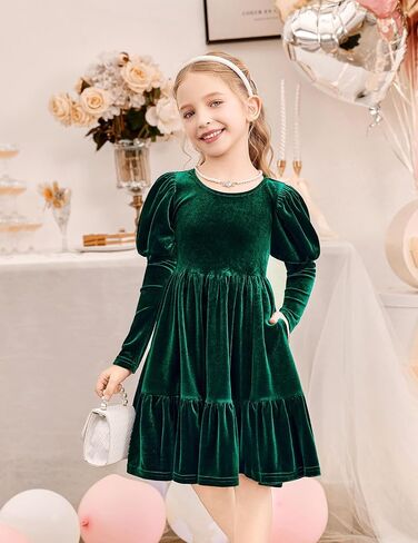 Arshiner Toddler Velvet Dress Girls Puff Long Sleeves Crew Neck Party Fall Winter Ruffle Dresses with Pockets 2-8Y in Saudi Arabia