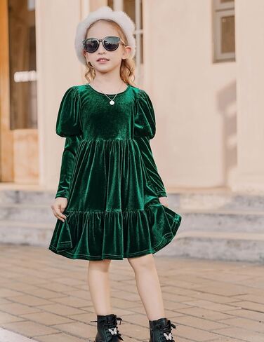 Arshiner Toddler Velvet Dress Girls Puff Long Sleeves Crew Neck Party Fall Winter Ruffle Dresses with Pockets 2-8Y in Saudi Arabia