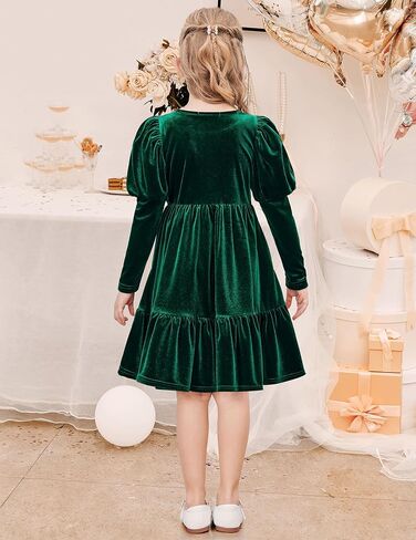 Arshiner Toddler Velvet Dress Girls Puff Long Sleeves Crew Neck Party Fall Winter Ruffle Dresses with Pockets 2-8Y in Saudi Arabia