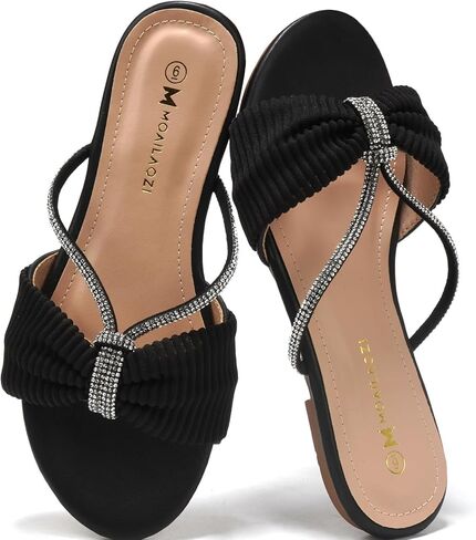 Women's Sandals Rhinestone Strappy Slides With Soft Memory Foam Insole, Dressy Open Toe Beach Slippers Flats for Summer in Saudi Arabia