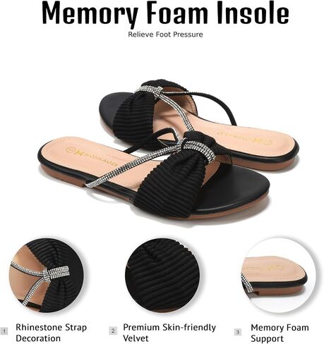 Women's Sandals Rhinestone Strappy Slides With Soft Memory Foam Insole, Dressy Open Toe Beach Slippers Flats for Summer in Saudi Arabia