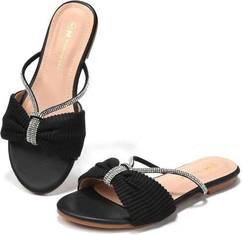 Women's Sandals Rhinestone Strappy Slides With Soft Memory Foam Insole, Dressy Open Toe Beach Slippers Flats for Summer in Saudi Arabia
