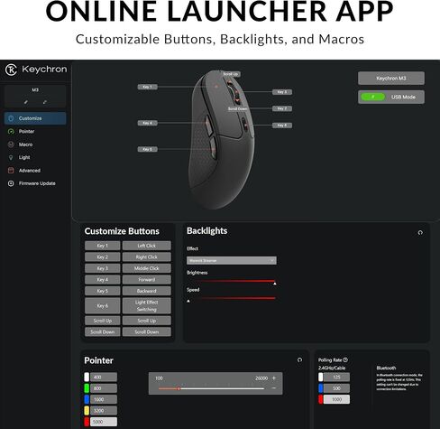 Keychron M3 Wireless Mouse, PAW3395 Sensor with Programmable Macro Button 26,000 DPI Supports 2.4 GHz/Bluetooth 5.1, 79g Ultra-Light Ergonomic Design Up to 70 Hours Using for PC Mac Laptop - Black in Kuwait