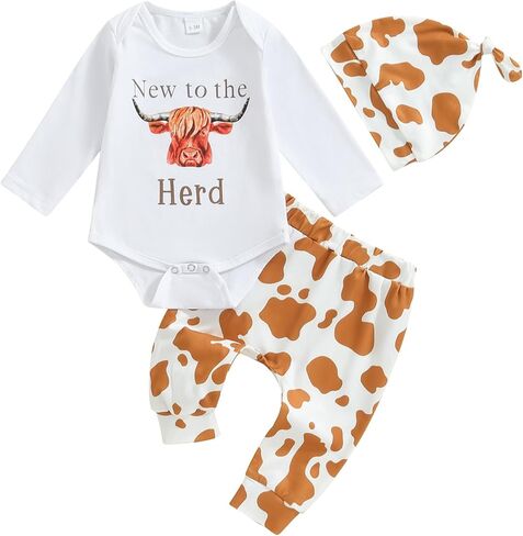 Sayoo Western Webborn Boys Grils Grils Outfit Cow Print Bodysuit+Pant Baby عودة إلى المنزل من مستشفى الخريف ملابس الريف in Saudi Arabia