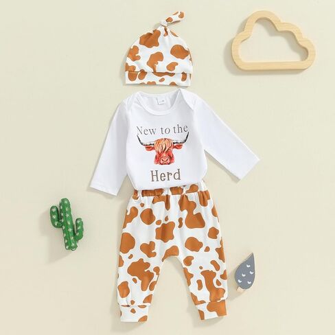 Sayoo Western Webborn Boys Grils Grils Outfit Cow Print Bodysuit+Pant Baby عودة إلى المنزل من مستشفى الخريف ملابس الريف in Saudi Arabia