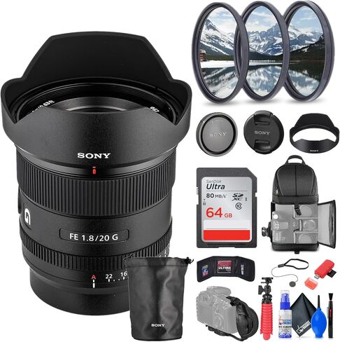 Sony FE 20mm f/1.8 G Lens (SEL20F18G) + 64GB Memory Card + Filter Kit + Backpack + Card Reader + Flex Tripod + Memory Wallet + Cap Keeper + Cleaning Kit + Hand Strap (Renewed) in Saudi Arabia