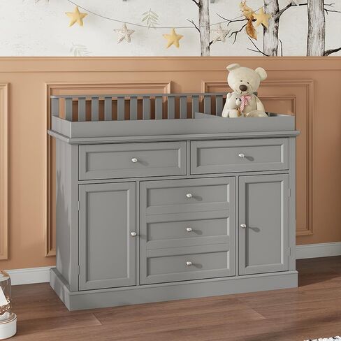 Nursery Dresser with Changing Table Top, 46" W Baby Dresser with 2 Drawers, Laundry Basket & Raised Guard, Infant Diaper Changing Storage Organize Station for Nursery and Baby Bedroom, White in Saudi Arabia