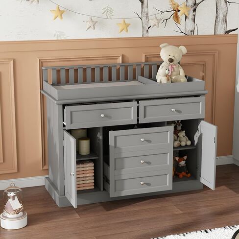 Nursery Dresser with Changing Table Top, 46" W Baby Dresser with 2 Drawers, Laundry Basket & Raised Guard, Infant Diaper Changing Storage Organize Station for Nursery and Baby Bedroom, White in Saudi Arabia