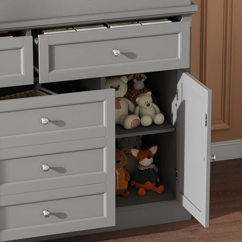 Nursery Dresser with Changing Table Top, 46" W Baby Dresser with 2 Drawers, Laundry Basket & Raised Guard, Infant Diaper Changing Storage Organize Station for Nursery and Baby Bedroom, White in Saudi Arabia