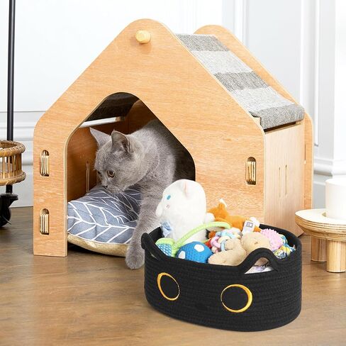 Cute Cat Toy Basket, Small Cotton Rope Toy Bin Box for Cats, Woven Organizer with Embroidered Face, Decorative Storage for Shelf, Desktop, Indoor Pet Bed, Halloween Basket Decor, Black in Saudi Arabia