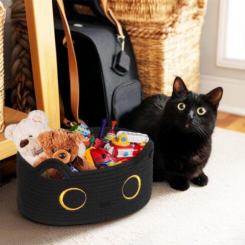 Cute Cat Toy Basket, Small Cotton Rope Toy Bin Box for Cats, Woven Organizer with Embroidered Face, Decorative Storage for Shelf, Desktop, Indoor Pet Bed, Halloween Basket Decor, Black in Saudi Arabia