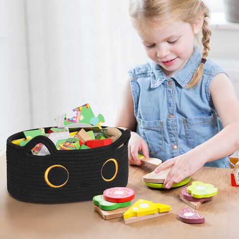 Cute Cat Toy Basket, Small Cotton Rope Toy Bin Box for Cats, Woven Organizer with Embroidered Face, Decorative Storage for Shelf, Desktop, Indoor Pet Bed, Halloween Basket Decor, Black in Saudi Arabia
