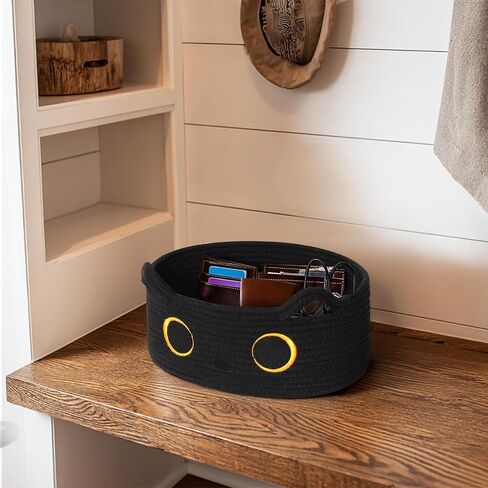Cute Cat Toy Basket, Small Cotton Rope Toy Bin Box for Cats, Woven Organizer with Embroidered Face, Decorative Storage for Shelf, Desktop, Indoor Pet Bed, Halloween Basket Decor, Black in Saudi Arabia