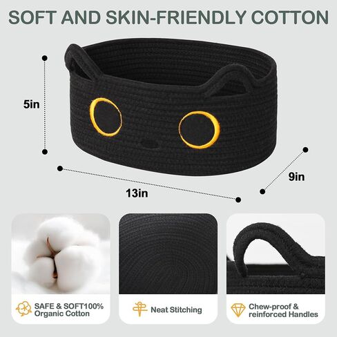 Cute Cat Toy Basket, Small Cotton Rope Toy Bin Box for Cats, Woven Organizer with Embroidered Face, Decorative Storage for Shelf, Desktop, Indoor Pet Bed, Halloween Basket Decor, Black in Saudi Arabia